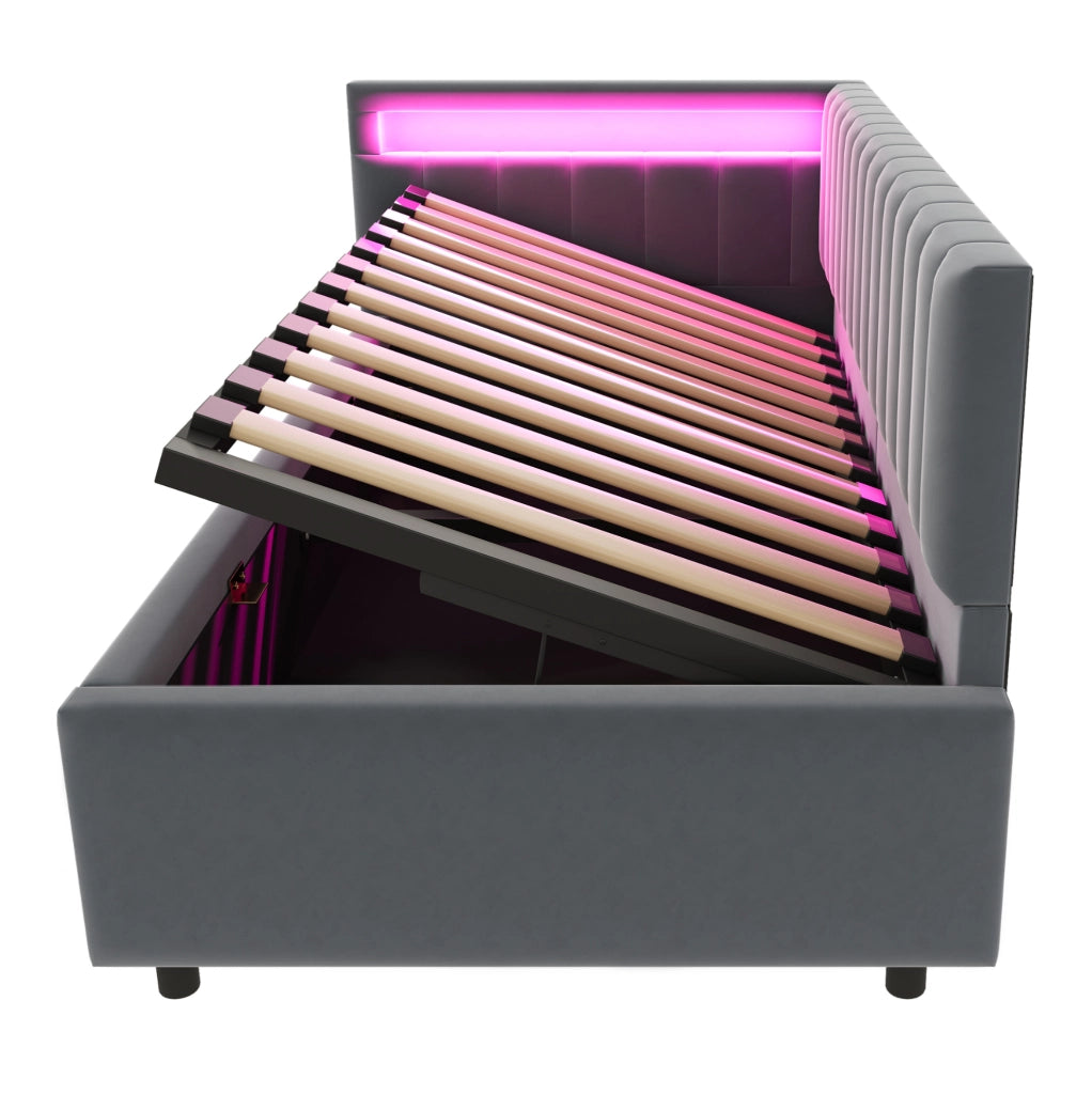 Letto imbottito 90x200 con LED, vano contenitore e rete a doghe