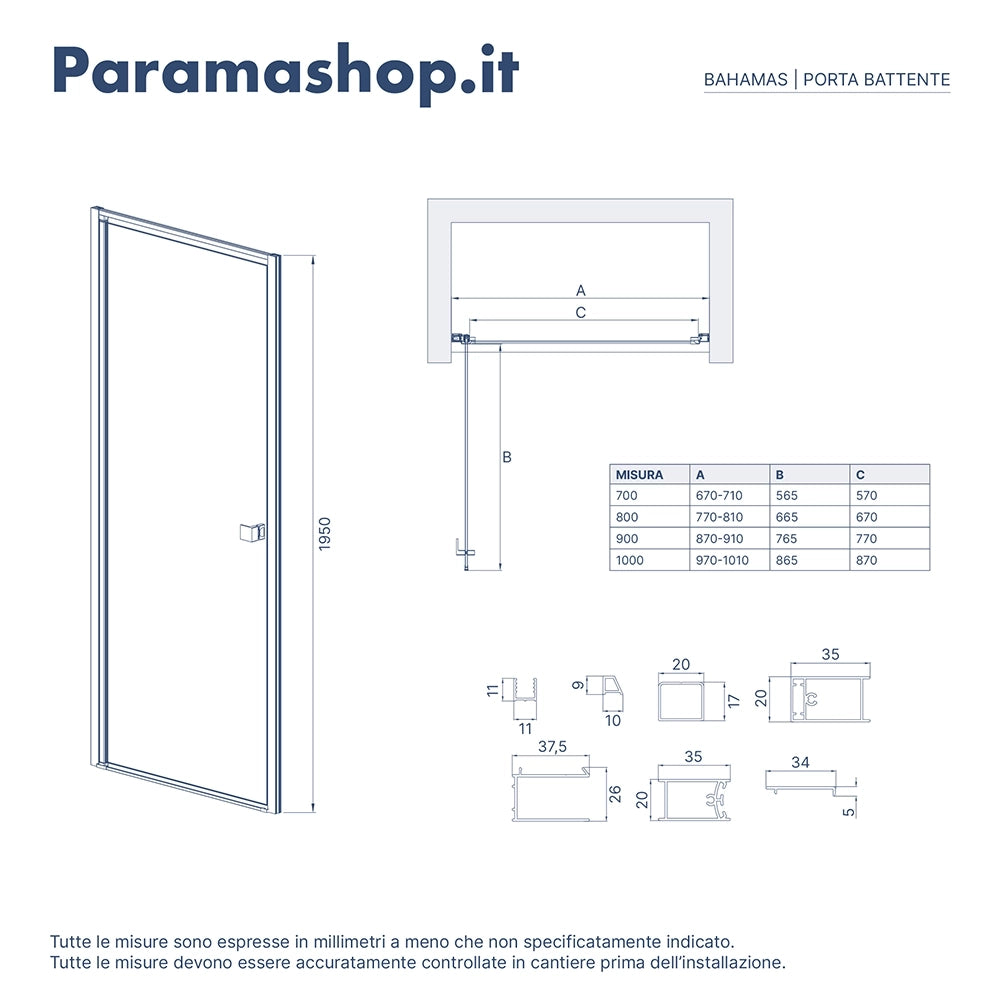 Porta doccia 80cm apertura a battente con profili cromati e vetro da 8mm trasparente h195 | Bahamas