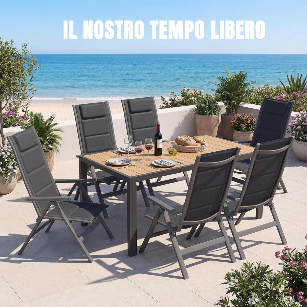 Set Tavolo e Sedie da Giardino 7 Pezzi, Composto da Tavolo 150 cm in Alluminio e 6 Sedie Pieghevoli, Tavolo da Giardino con Finitura a Vena di Legno con Sedie da Terrazza, Balcone, Naturale