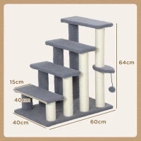 Scala per Gatti a 4 Livelli Coperto di Morbida Franela Palo di Sisal Palla Appesa 60x40x64 cm Grigio