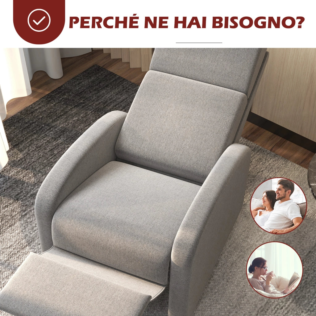 Poltrona Reclinabile 160¡ã in Tessuto Effetto Lino con Braccioli Quadrati, 64x86x102 cm, Grigia