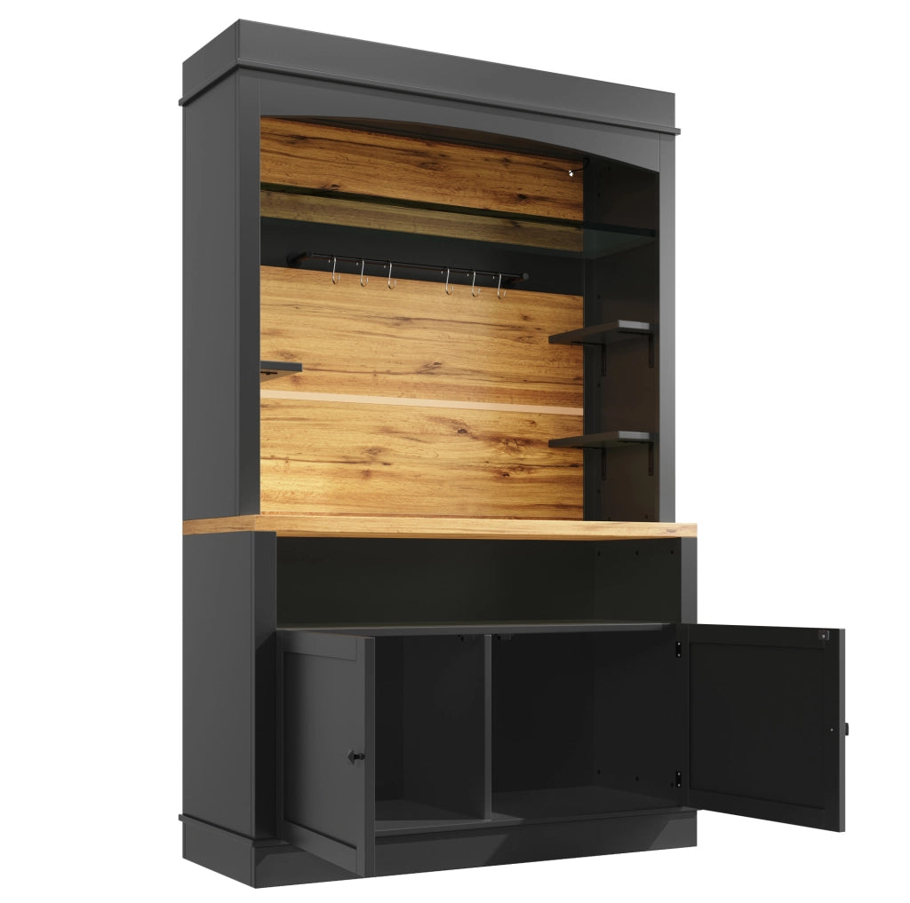 Credenza cucina 107x43x184 cm con illuminazione LED; ripiani aperti; MDF e metallo; nero