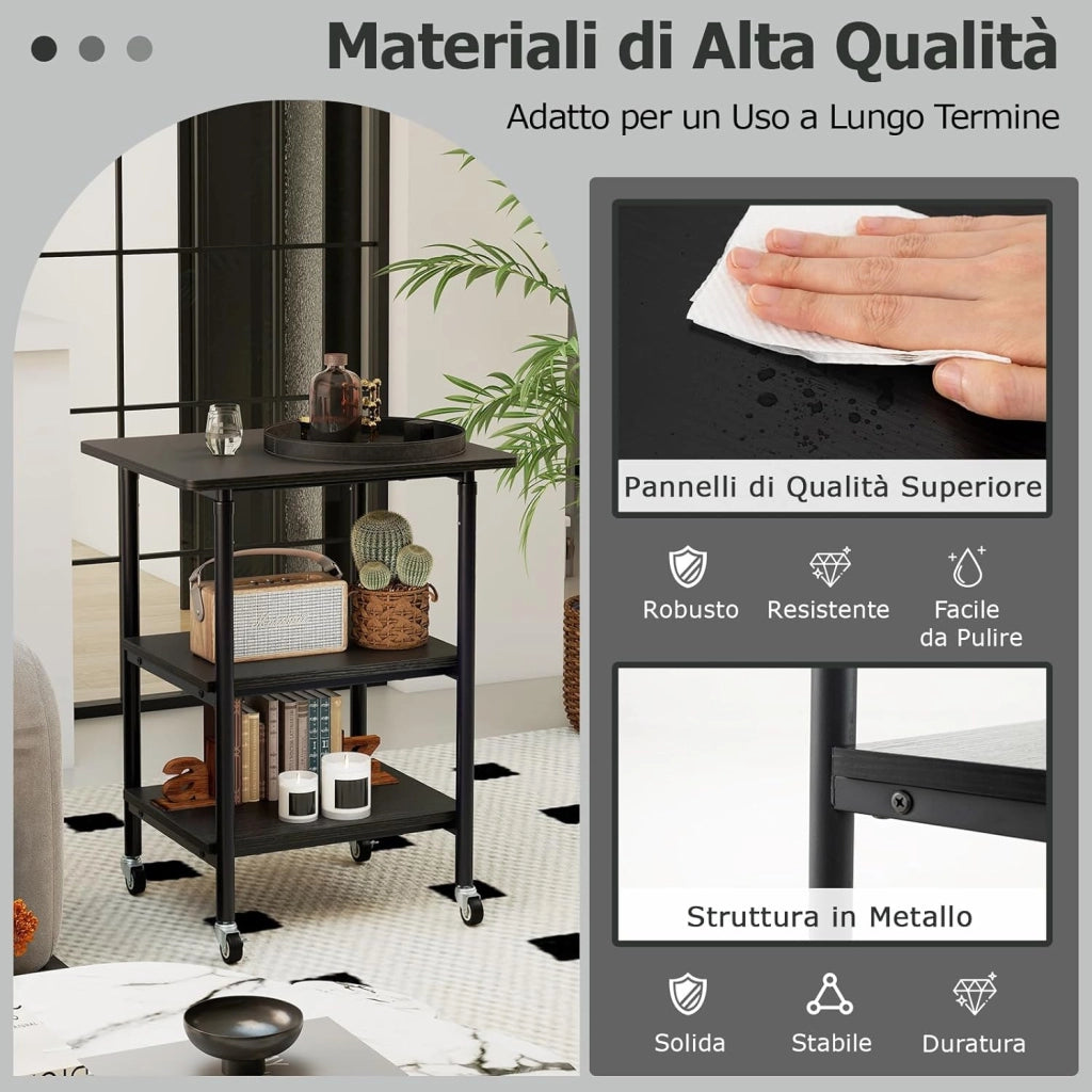 Supporto per Stampante, Carrello Stampante a 3 Livelli con Ripiani di Stoccaggio e Ruote con Blocco, Altezza Regolabile, per Stampante 3D Scanner Fax, 49 x 40 x 65/77 cm (Nero)