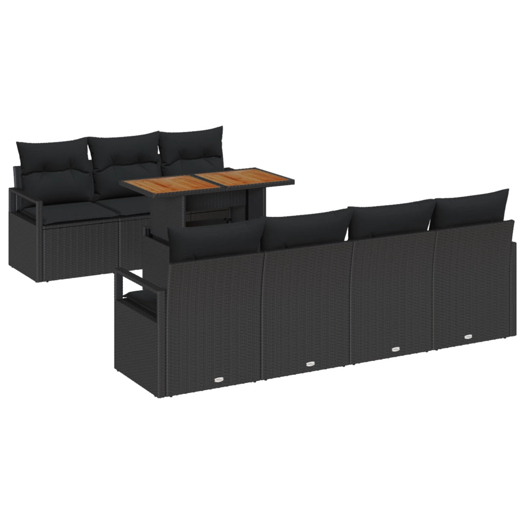 Set di 8 Pezzi Divano da Giardino con Cuscini Rattan Poli Nera Acacia