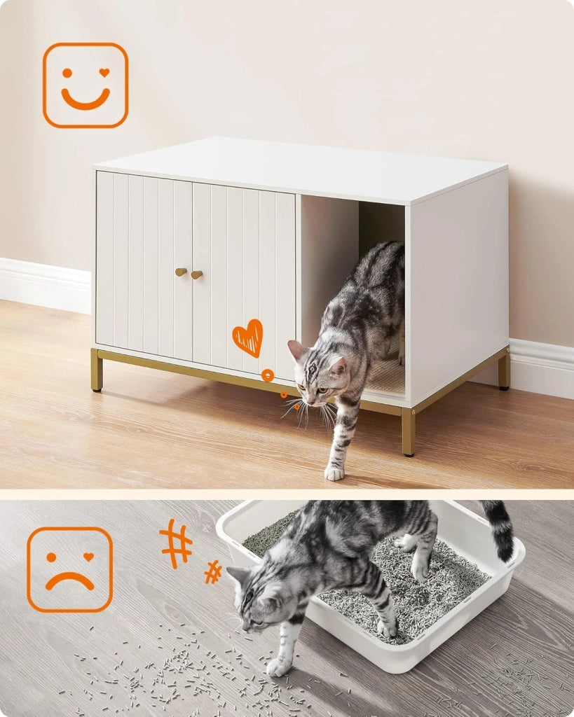 Feandrea Mobile Lettiera per gatti Casa del WC per gatti con tappetino raschiante, piedi alti, tavolino, 80 x 50 x 55 cm, bianco e oro PCL007W01
