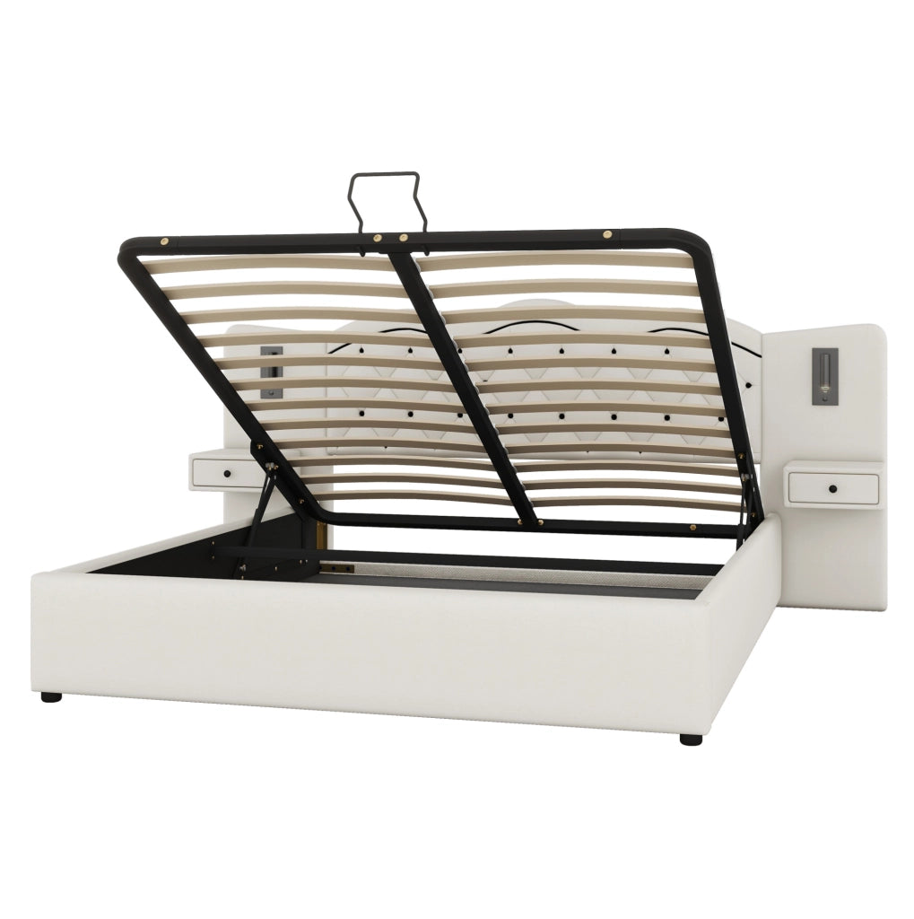 Letto contenitore 180x200 cm in tessuto di lino beige con sollevamento idraulico e USB -