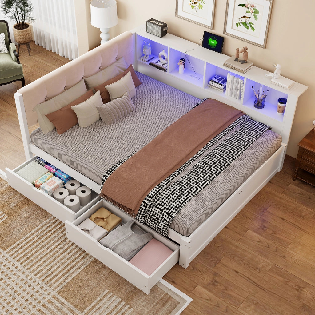 LETTO 140x200 cm con cassetti, ripiano, USB e LED, Legno di pino/MDF Bianco