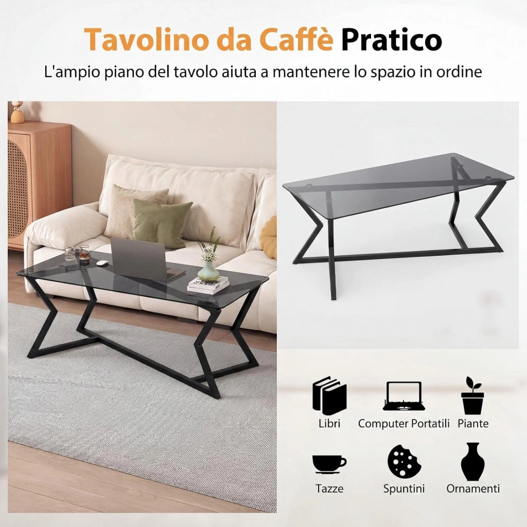 Tavolino da Salotto in Vetro, Tavolino da Caffè Rettangolare con Piano in Vetro Temperato e Struttura Geometrica in Metallo, Tavolo Basso Moderno per Soggiorno, Ufficio e Studio