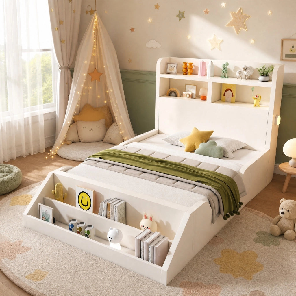 LETTO Singolo 90x200 cm Bianco con ripiani, libreria e luci notturne