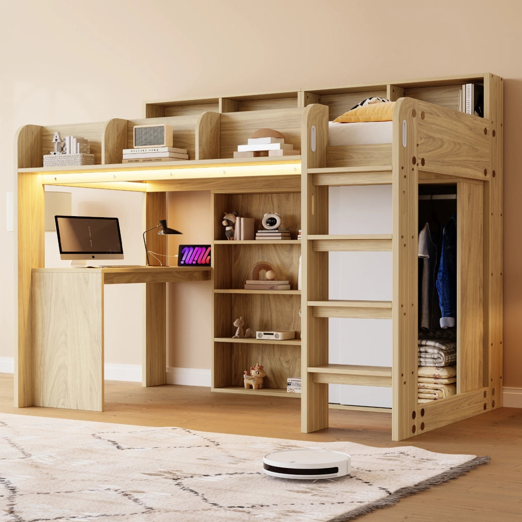 Letto a soppalco singolo 90×200 cm con scrivania; armadio; LED e presa; senza materasso; colore legno