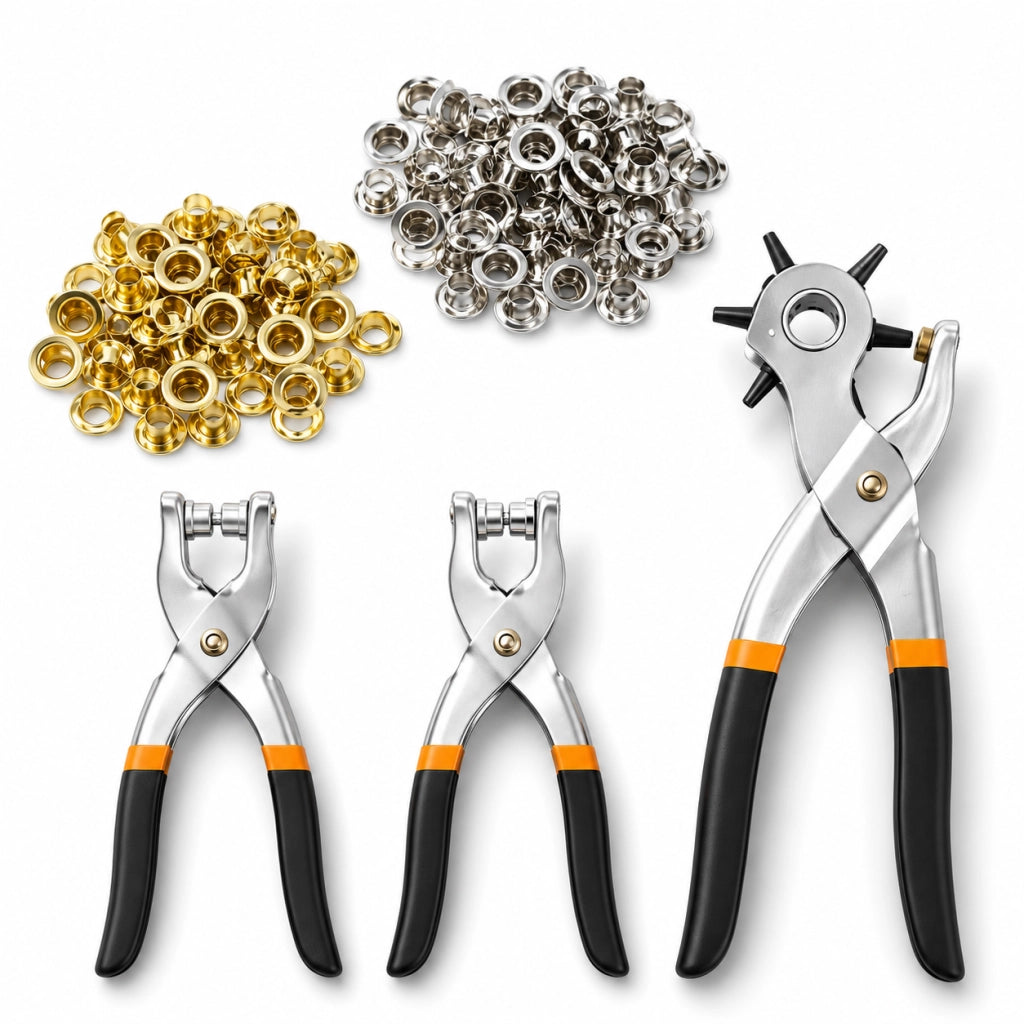 Set 3 Pinze Fustellatrice Cuoio Occhiellatrice Perforatrice con 100 Occhielli e Bottoni