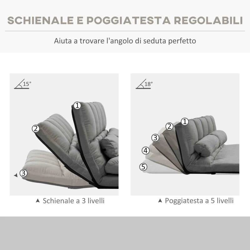 DIVANO DA TERRA 2 IN 1 CON SCHIENALE RECLINABILE SU 7 LIVELLI E CUSCINI, 130X73X60 CM, GRIGIO CARBONE