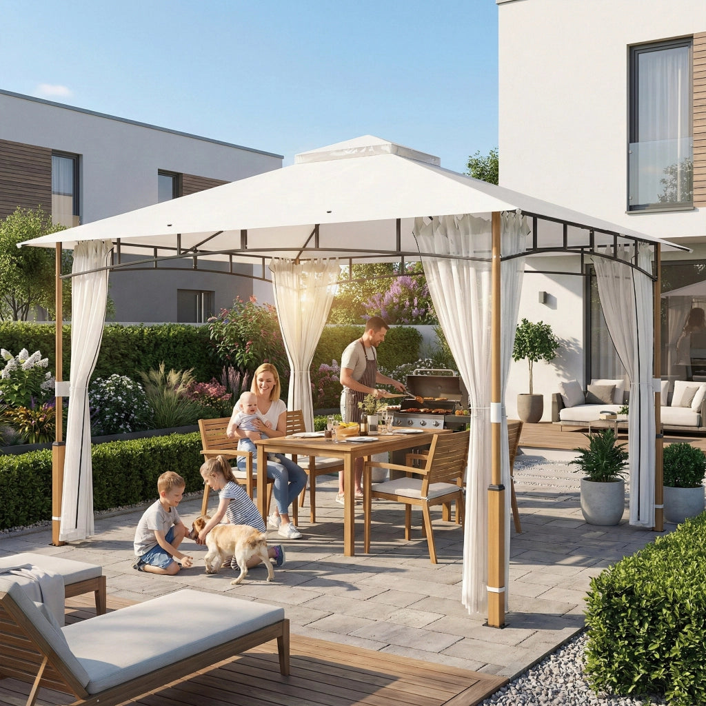 Gazebo da Giardino 360x300x275 cm Tetto Doppio in Metallo e Poliestere UPF50+ con Rete Crema