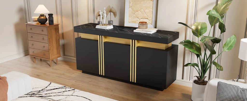 Credenza nera e oro 3 ante mobile buffet 140 cm con piano effetto marmo