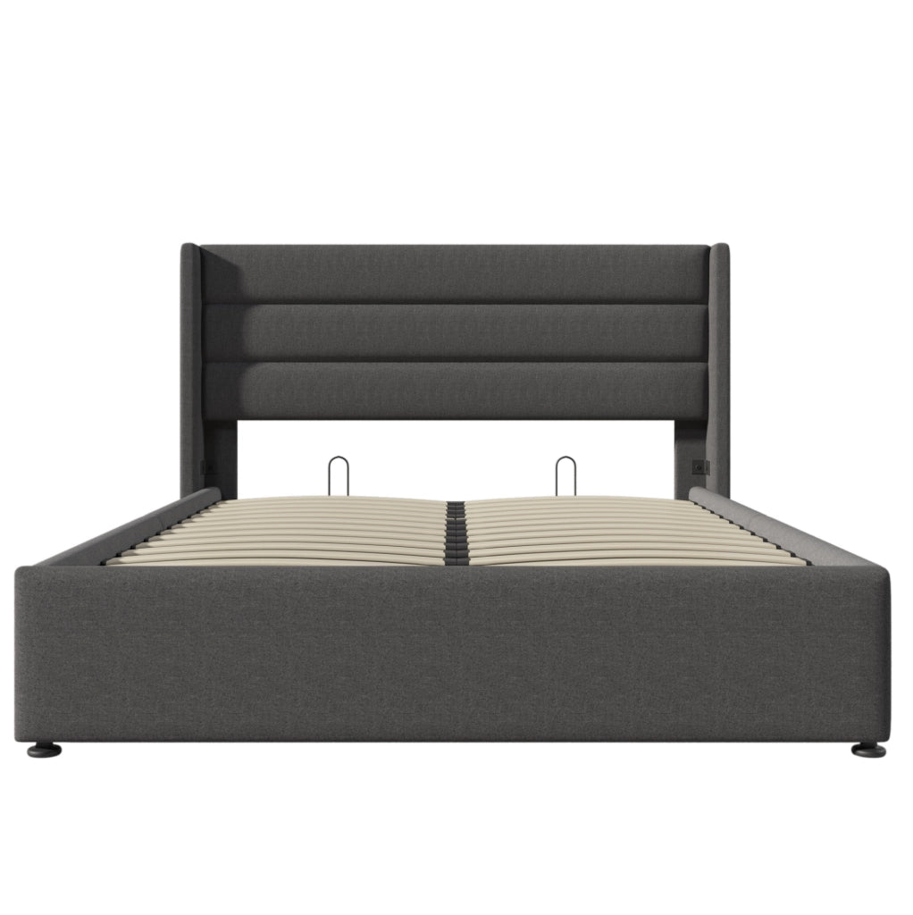 Letto matrimoniale imbottito con contenitore 160x200 cm in lino grigio; con meccanismo idraulico