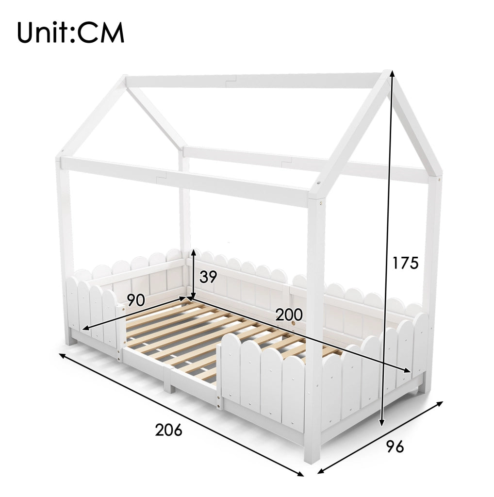 Letto a casetta per bambini 90x200 cm con protezione anticaduta e rete a doghe; legno e MDF bianco