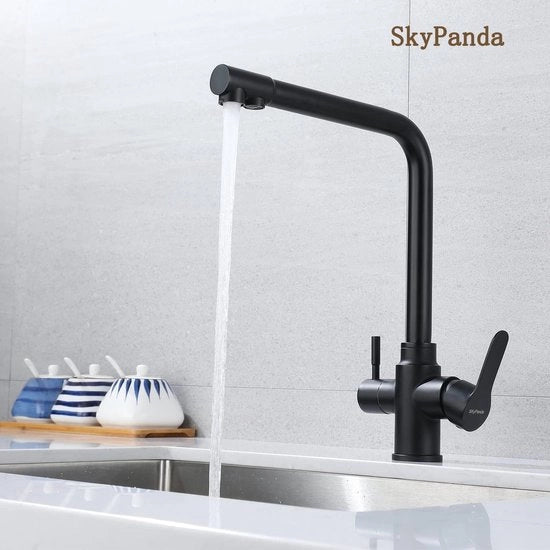 Kraan per cucina a 3 vie, rubinetto per acqua potabile con maniglione doppio, penetrazione 3-in-1, rubinetto a 360° girevole, con 2 uscite, in acciaio inossidabile, Nero Mat