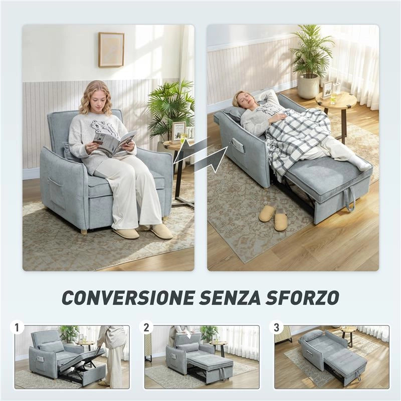 POLTRONA LETTO 3 IN 1 CON SCHIENALE RECLINABILE E CUSCINO, RIVESTIMENTO IN CINIGLIA, 88X84X87 CM, GRIGIO