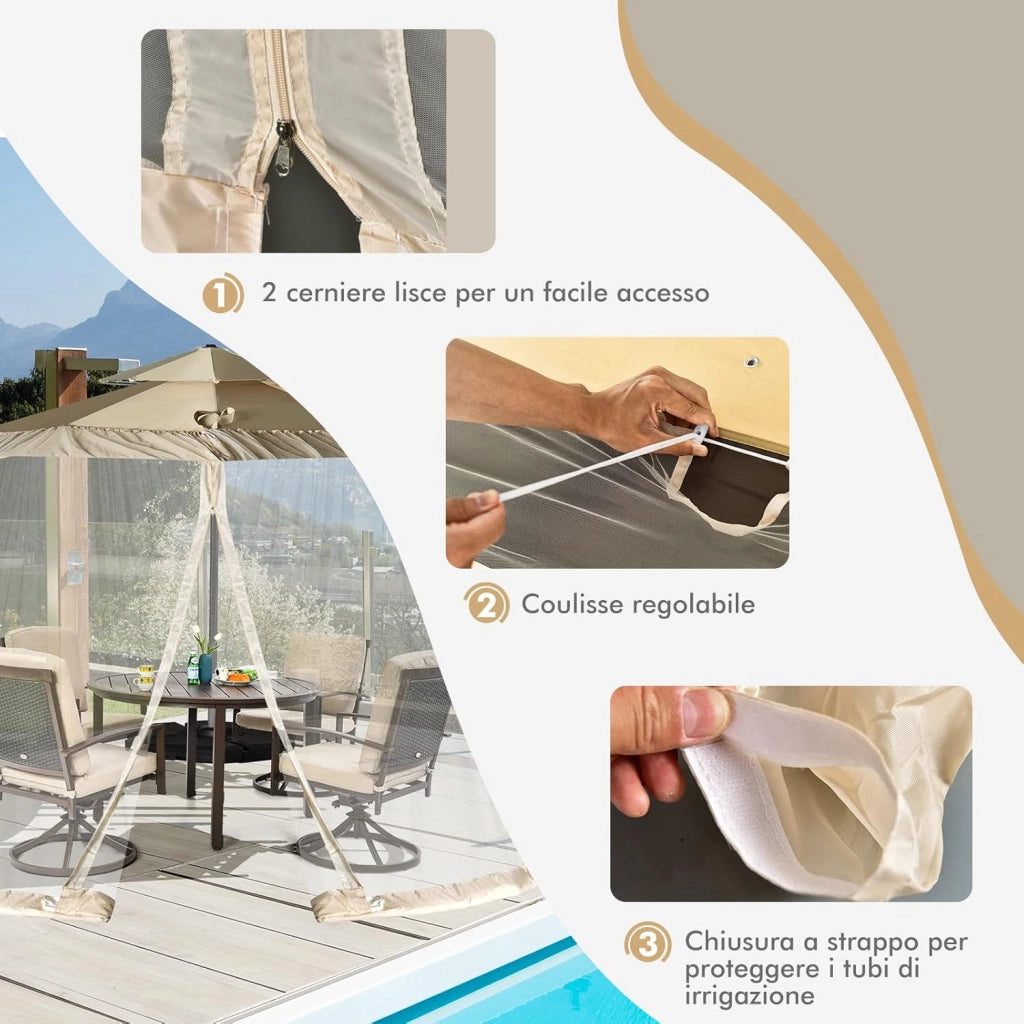 Zanzariera per Ombrellone da Esterno, Zanzariera Regolabile da Patio con 2 Porte a Doppia Cerniera, Rete per Copertura Ombrellone, 12,5 x 2,3 m