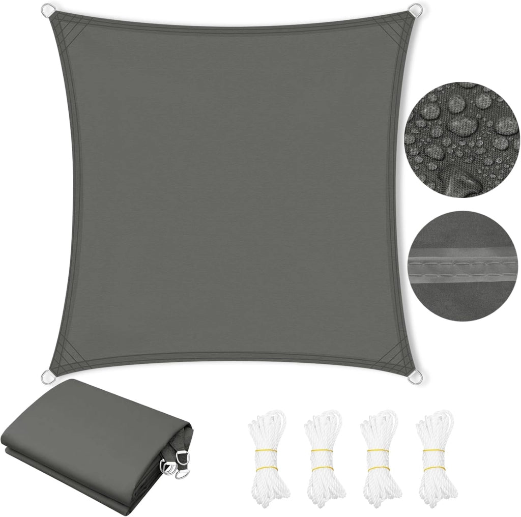 Telo Ombreggiante in PES, Poliestere 200 g/m², Vela Ombreggiante Idrorepellente, Telo Parasole per Esterni, Protezione Solare, con Anelli a D e Corde, per Balcone, Pergolato,5x5 m, Grigio Scuro