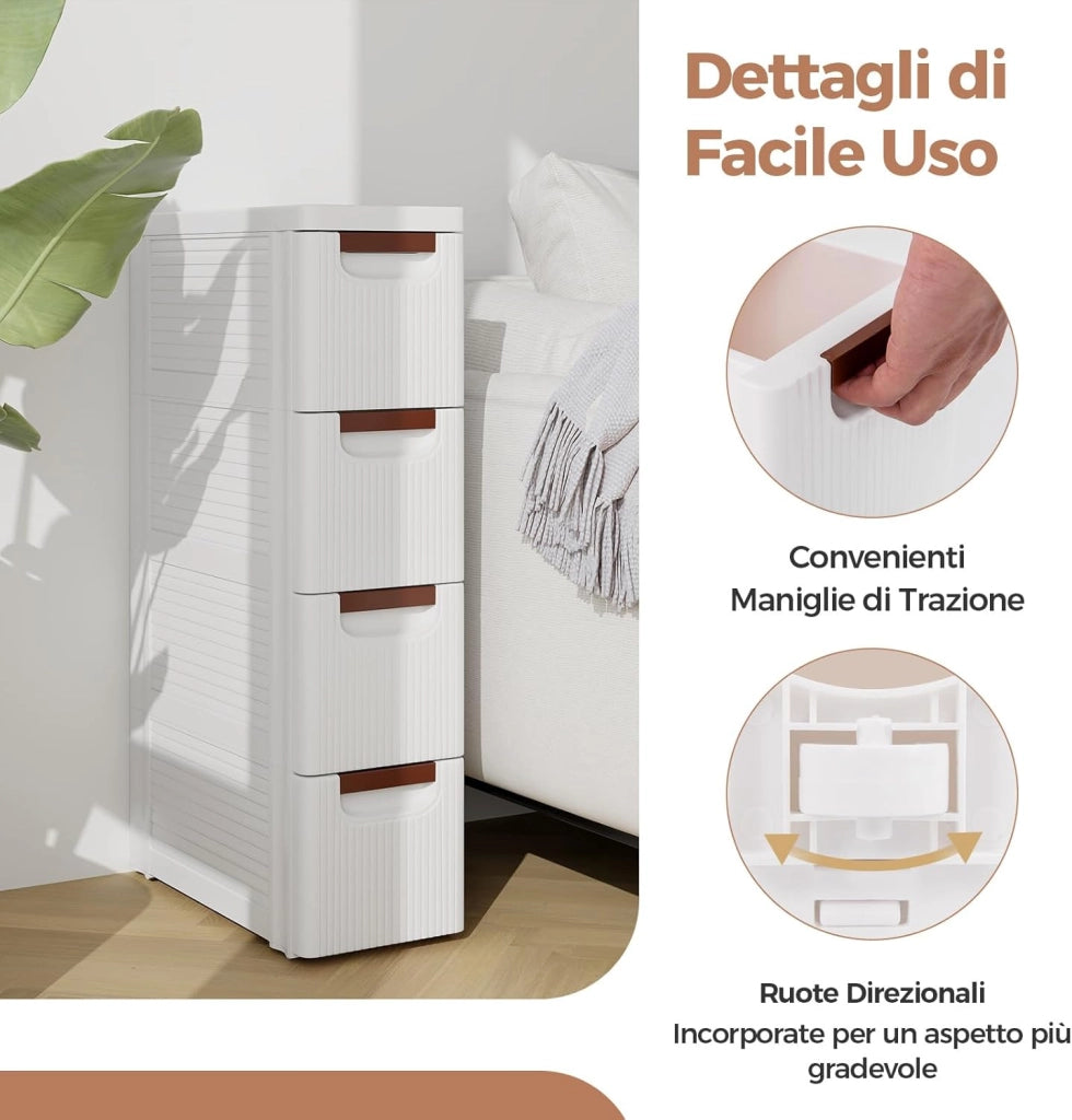 Mobile Bagno con 4 Cassetti, Mobiletto Bagno Salvaspazio con Ruote, Cassettiera in PP per Soggiorno, Bagno e Cucina, 42 x 19 x 74 cm