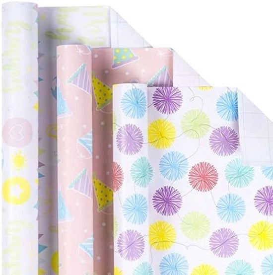 Cadeaupapier a rullo semicircolare - Cappello di compleanno / Torta, gelato e palloncino / Ballo colorato - 43 x 305 cm x 3 rulli - Carta per pacchi festivi per compleanni