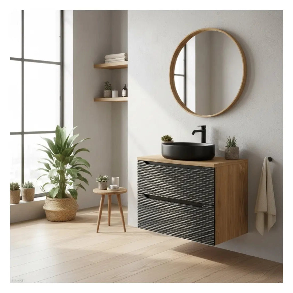 Set da bagno YOKA nero: mobile sottolavabo con cassetti 70 cm + piano lavabo