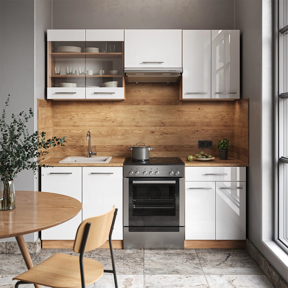 Cucina componibile Fame-Line Bianco lucido/Rovere dorato 200 cm, PL Marmo Vicco