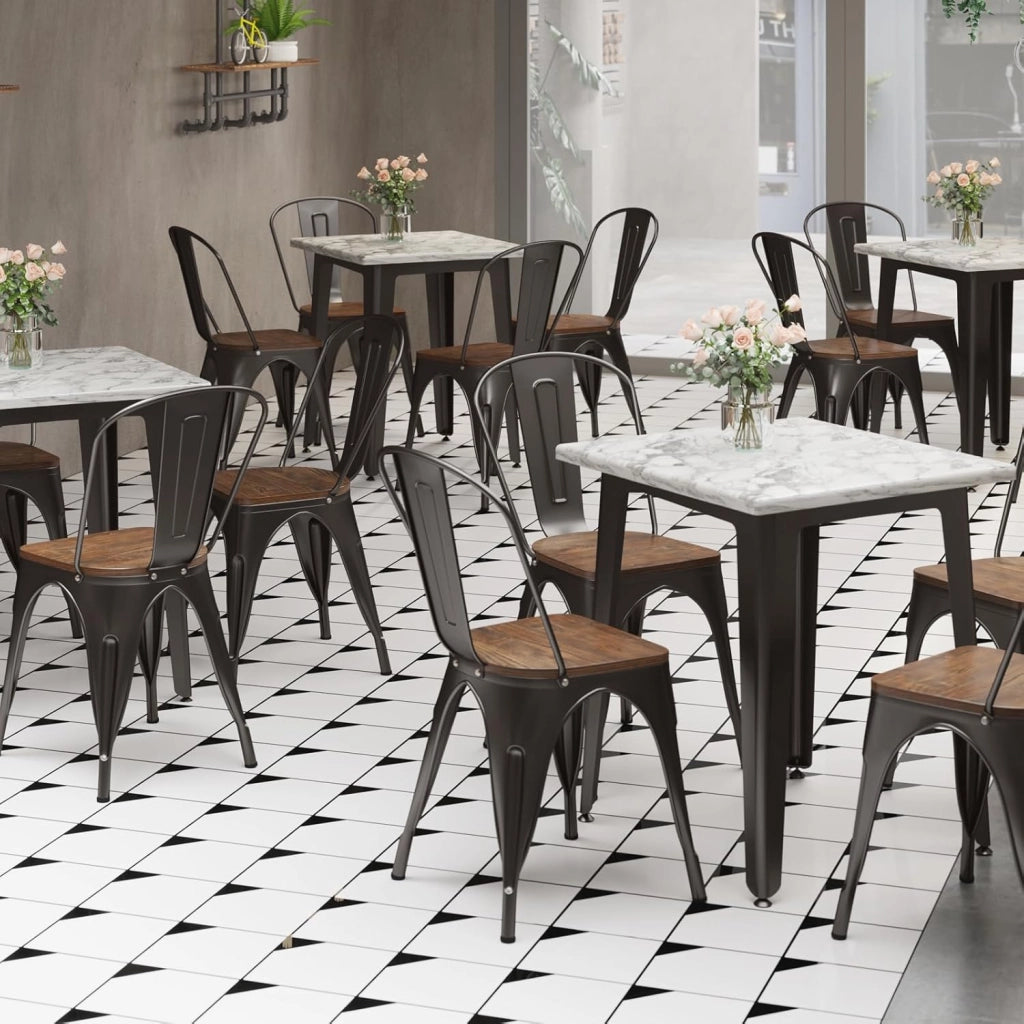 Set di 4 Sedie da Pranzo Impilabili 53 x 44,5 x84 cm, Sedie da Bar con Schienale Alto, Struttura in Legno e Acciaio, Ideale per Balcone, Cortile e Ristorante (Bronzo)