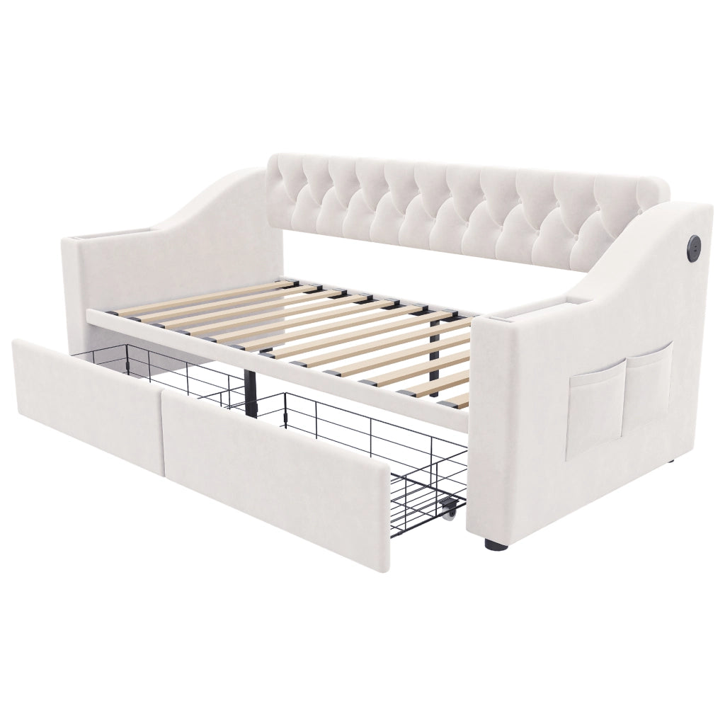 DESMIU Divano letto 90 × 190 cm 1 posto con USB, Type-C, vani contenitore, senza materasso, in velluto, beige