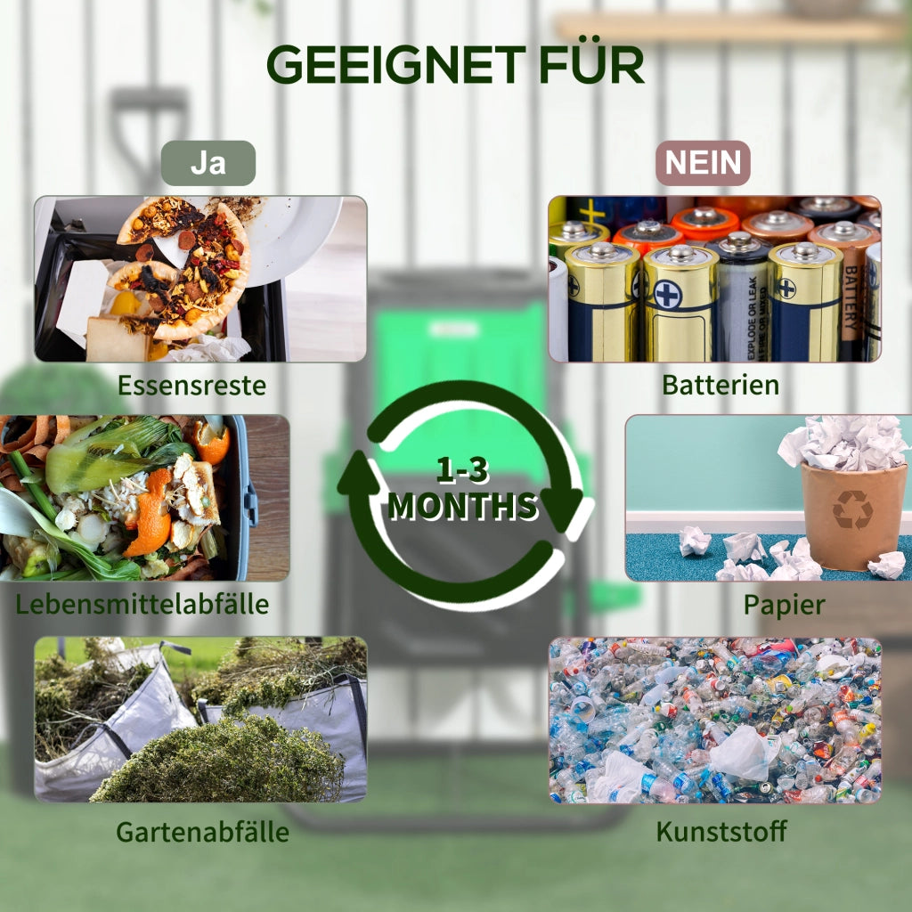 Compostiera da 65 litri, 60x49x77 cm, girevole, in plastica resistente alle intemperie con sistema di ventilazione e coperchio, adatta per giardini,