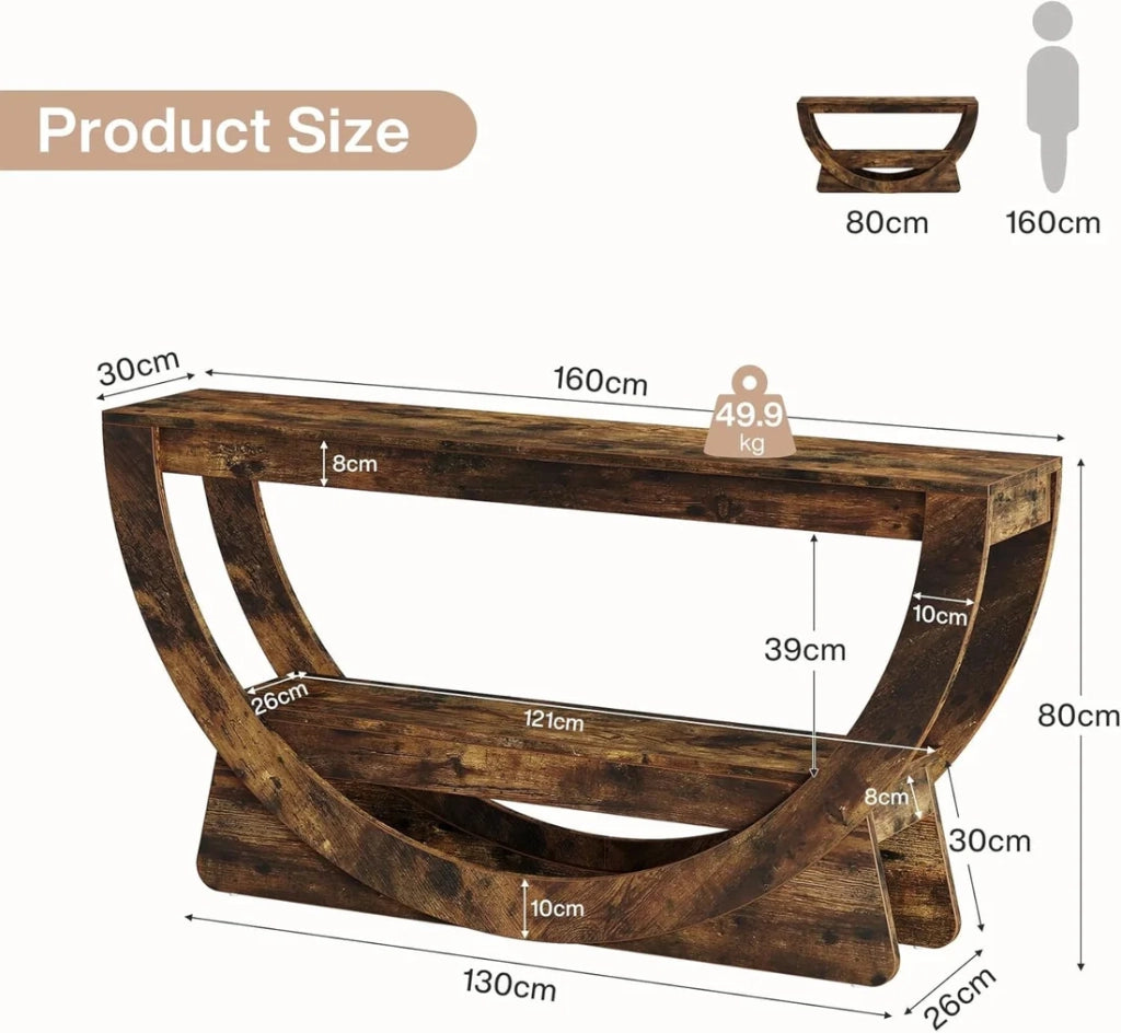 Mobile porta TV con 2 ripiani aperti e schienale curvo, per soggiorno, in MDF, marrone rustico, 160 × 30 × 80,5 cm
