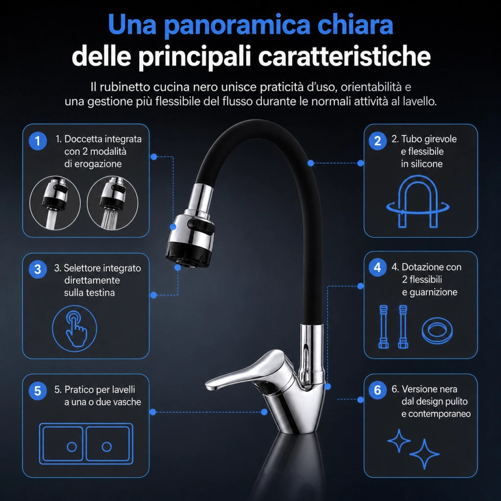 Rubinetto Cucina Doccetta 2 Getti Tubo Girevole Flessibile Silicone  Nero