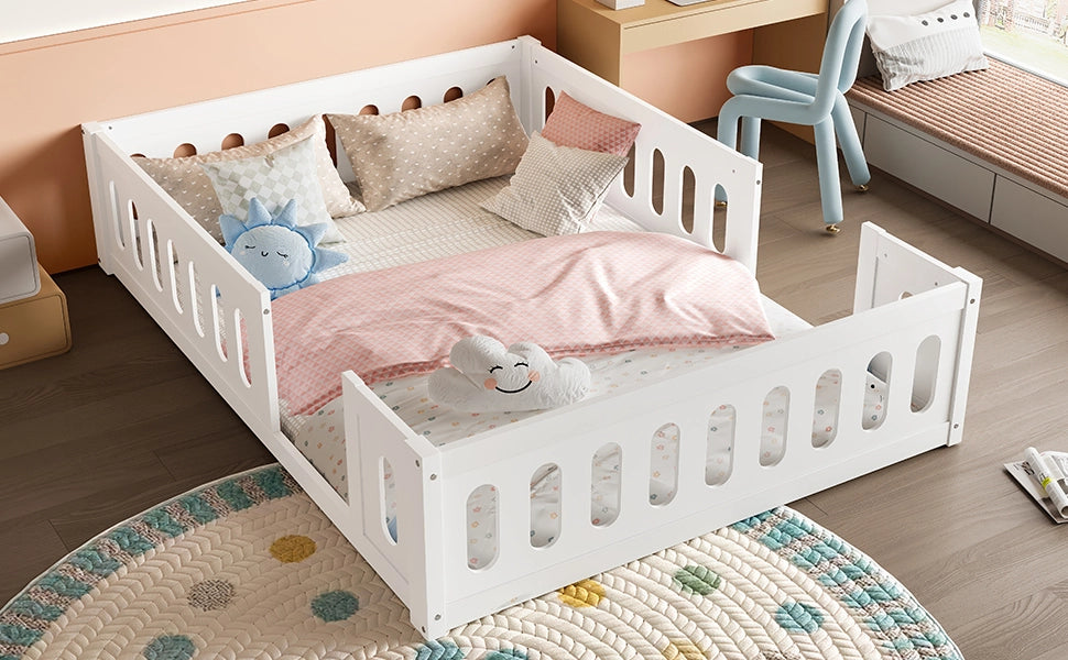 Letto per bambini 140x200 in legno bianco con sponde di sicurezza e design a terra