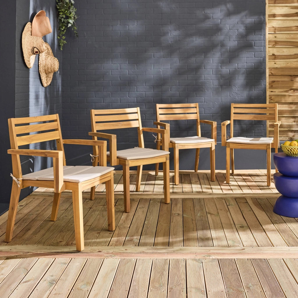 Set di 4 poltrone da giardino in legno di acacia con cuscino, beige