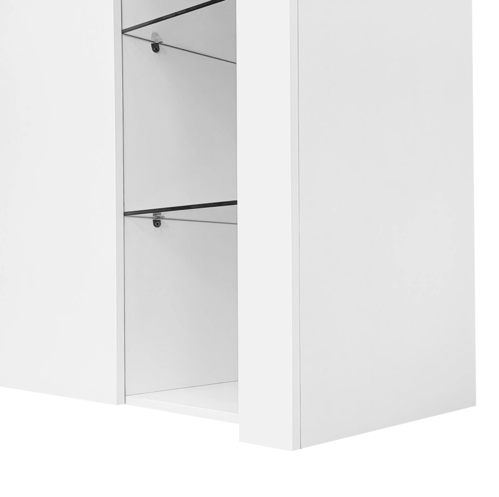 Credenza moderna bianca con frontale lucido e ripiani in vetro; 95x35x83 cm; truciolare
