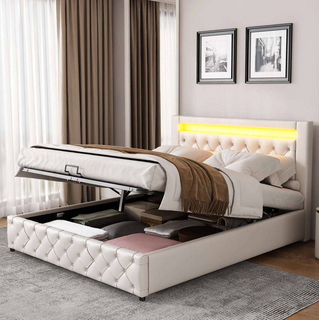 Letto imbottito 160x200 cm; contenitore e LED; PU bianco (Senza materasso)
