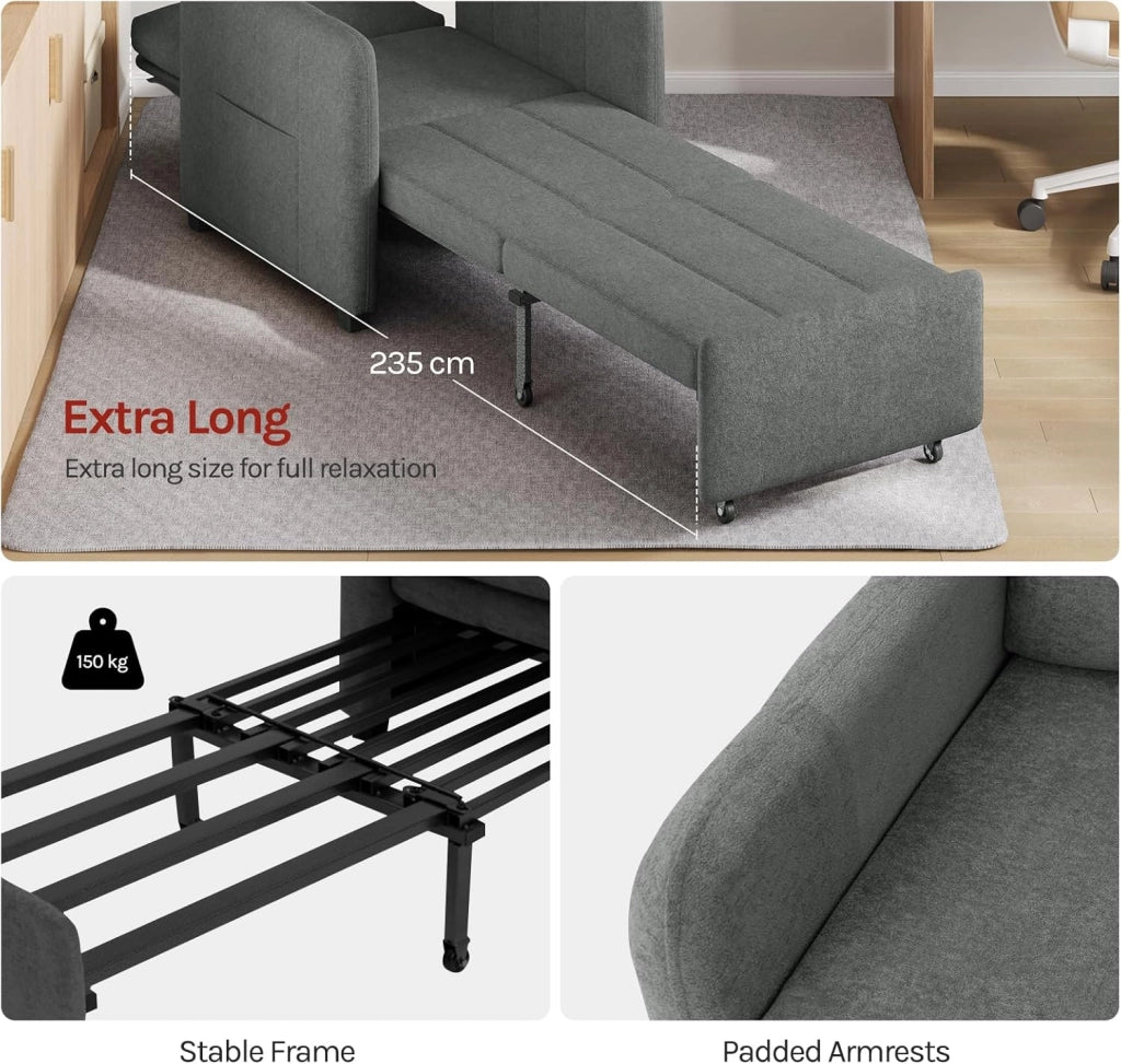 3-in-1 Divano Letto, Poltrona Letto Trasformabile con Reclinazione a 5 Posizioni, Divano Singolo Pieghevole per Piccoli Spazi, Chaise Lounge, Tessuto in Spugna Traspirante, Grigio Scuro