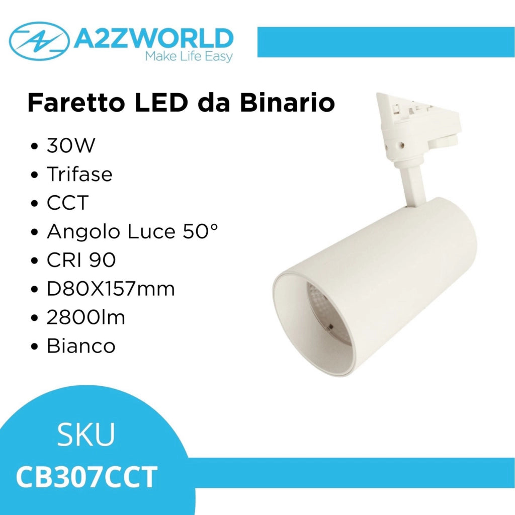 Faro Lampada Led A Binario 30W 2800lm Trifase CCT Angolo Luce 50° CRI>90 UGR<19 Carcassa Bianca 3000K 4000K 6000K 3 In 1 D80X157mm