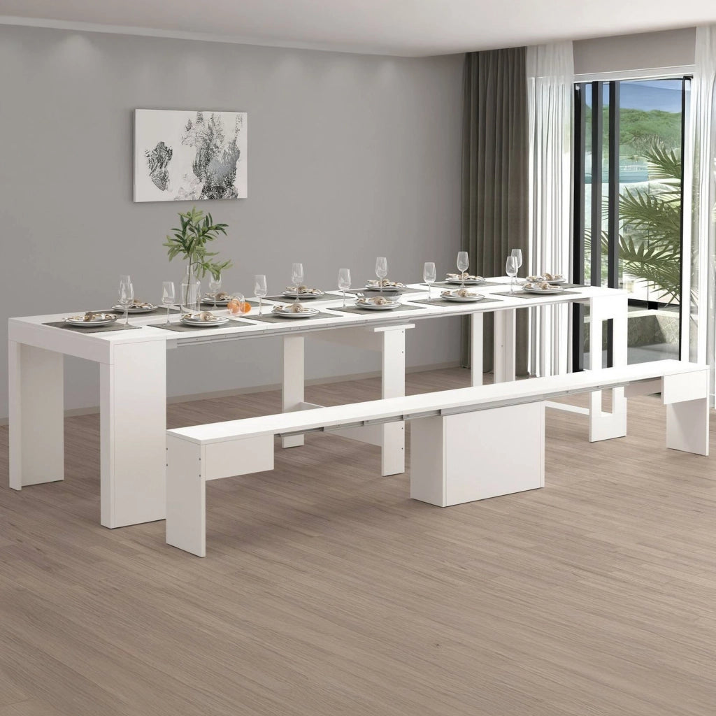 Panca Yutu, Seduta per tavolo da pranzo, Panca singola allungabile, 290x25h45 cm, Bianco lucido