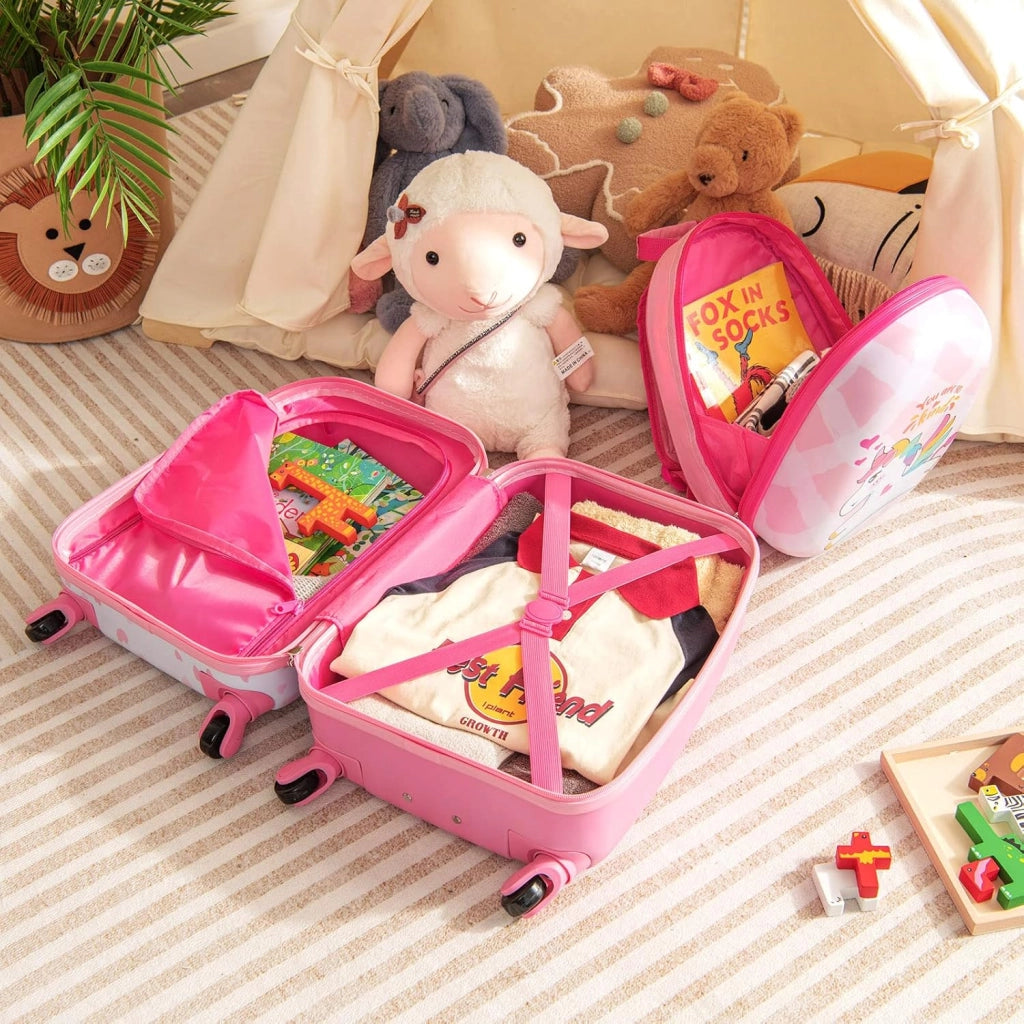 Valigia per bambini con ruote leggere con zainetto, bagaglio cabina bambino con spazio sufficiente per viaggiare, scuola, campeggio, rosa, unicorno