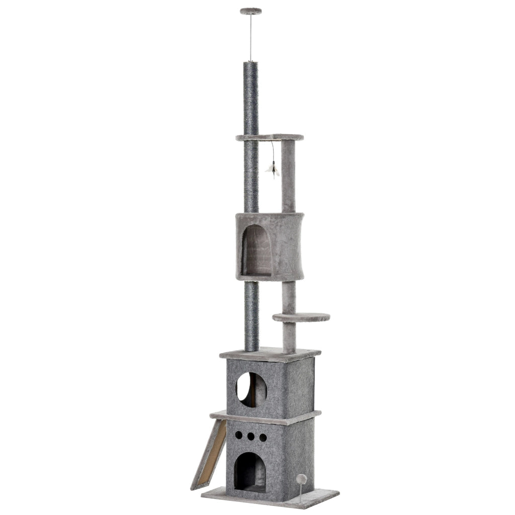 Torre tiragraffi per gatti con 6 livelli e 3 ripiani ¨C zephmum ¨C 225-255 cm regolabile in altezza grigio chiaro