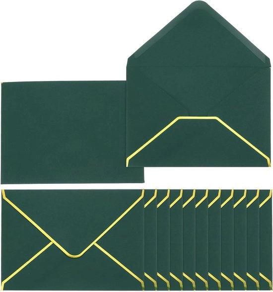 Set di buste da cartolina da 100 pezzi - Buste V con bordo dorato - Buste per cartoline d'auguri - Verde scuro - Idonee per ufficio, inviti di matrimonio e festa di laurea - Dimensioni: 5 x 7 cm con bordo rotondo.