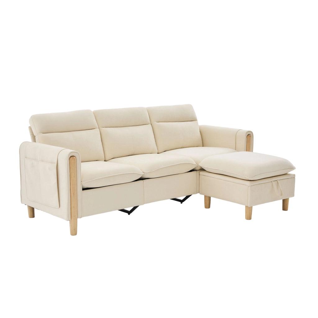 Divano ad angolo modulare in chenille con pouf contenitore e tasche laterali in legno beige per piccoli spazi