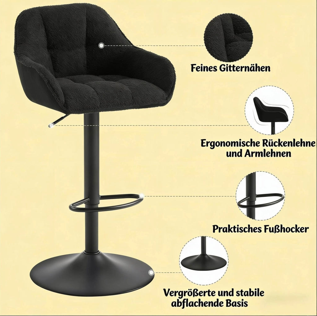 Set di 2 Sgabelli da Bar Girevoli in Chenille e Velluto, Altezza Regolabile, Nero