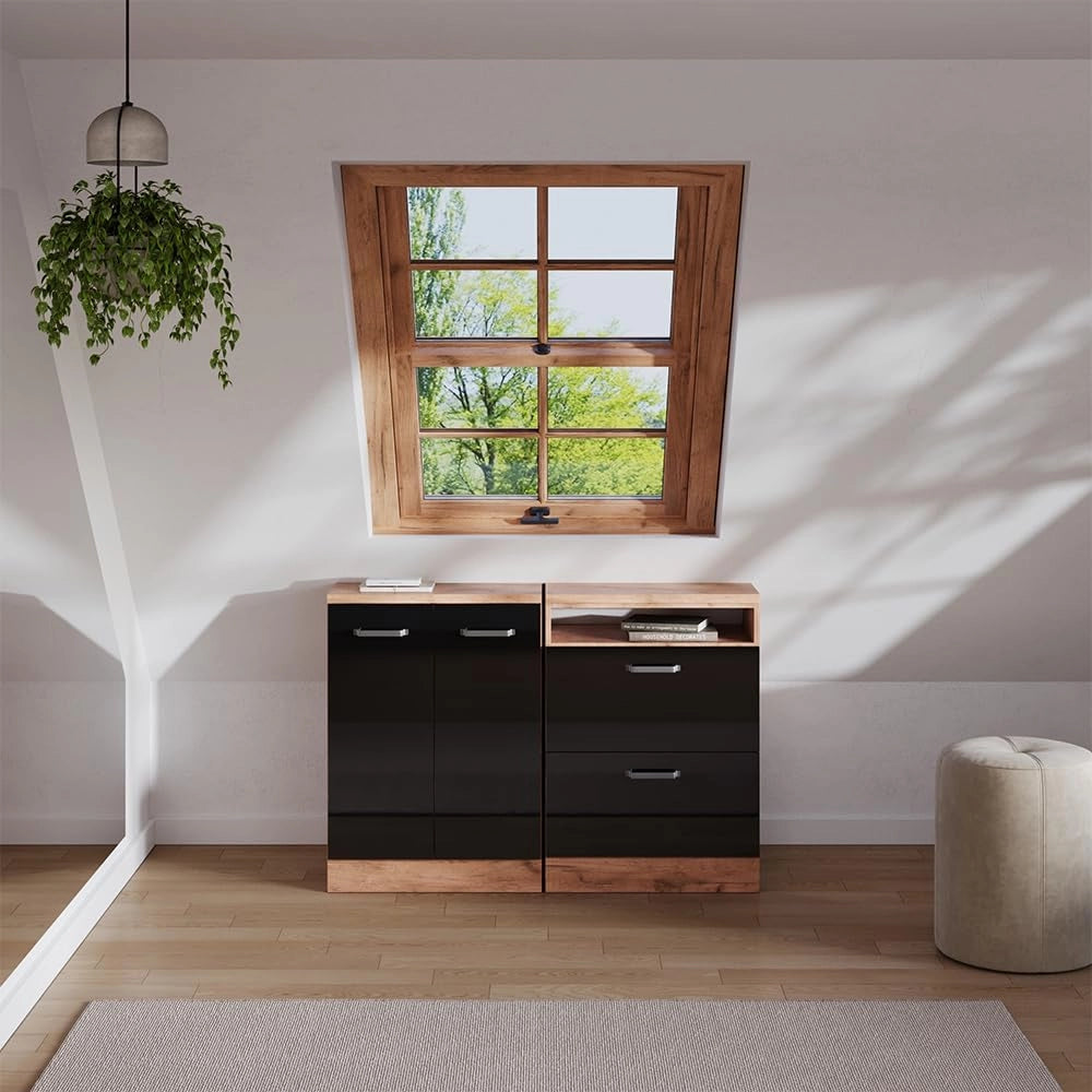 Set di mobili sottotetto Rion, Nero lucido, 120 cm Set di 2 carcasse armadio profondità 60 cm, adatto per il salvaspazio sotto tetti spioventi