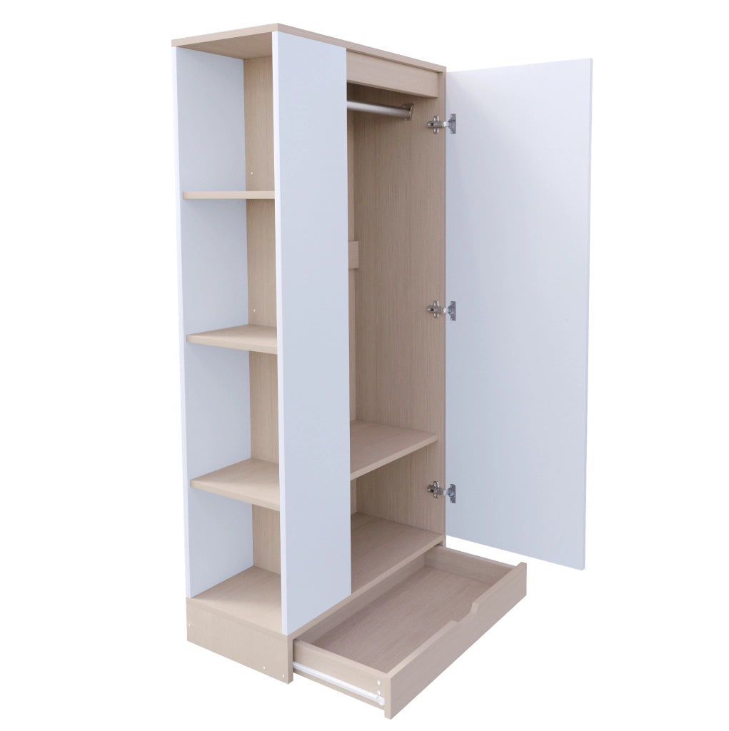 Armadio 70x40x170 cm bianco e naturale, anta, ripiani e cassetti