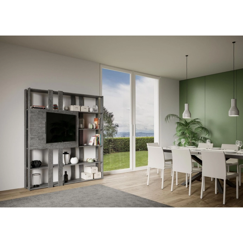 Composizione Libreria Kato 6R 2 fianchi 2 fasce lunghe 2 fasce corte 2 fasce medie pannello TV - Cemento,N