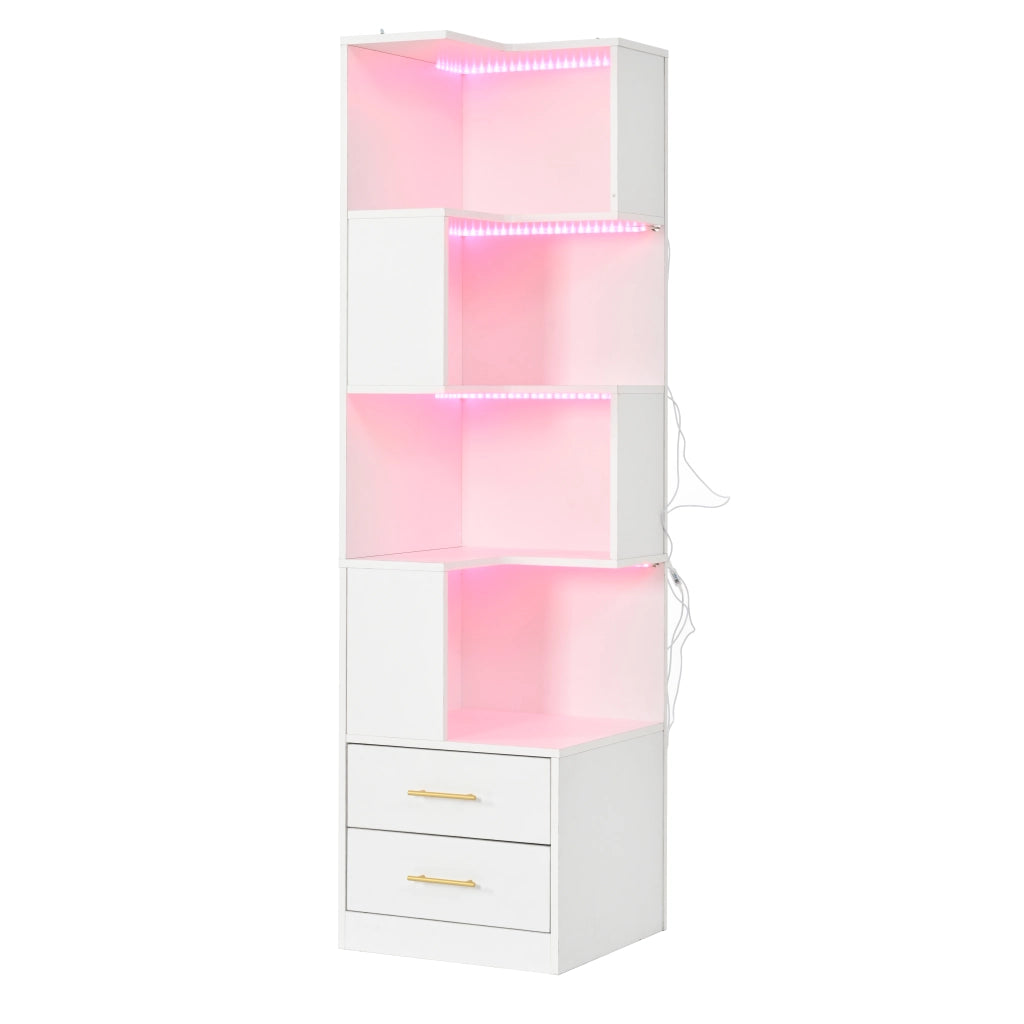 Libreria angolare con 2 cassetti e LED - per soggiorno - 165×45×45 cm - bianco