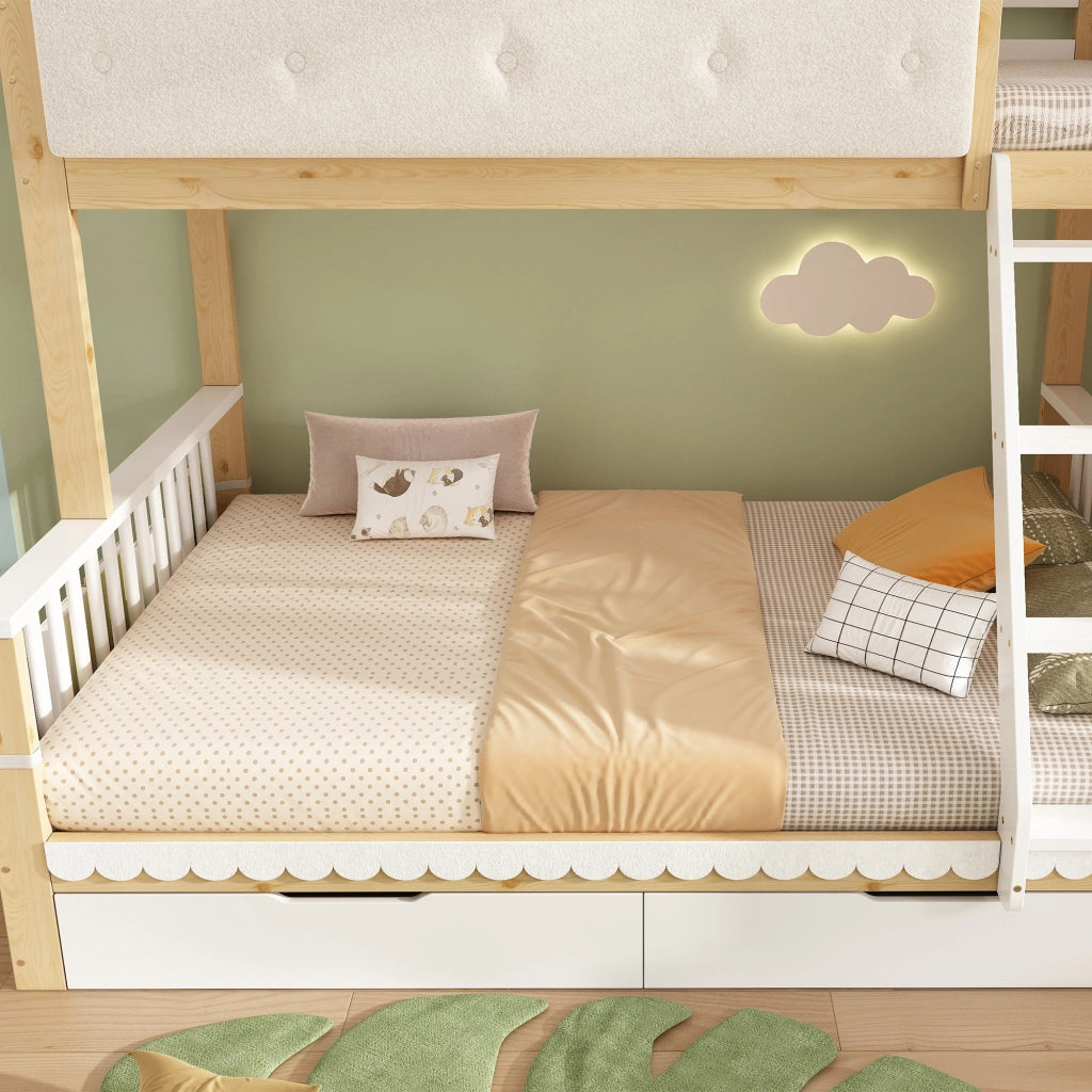Letto a castello 90×200 cm e 140×200 cm con scala; cassetti e portariviste; senza materasso; legno; bianco e rovere